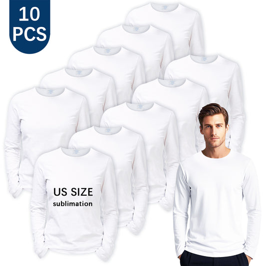 10 PCS White Sublimation Blank T-Shirt, Adult Long Sleeve Round Collar Polyester Tee
