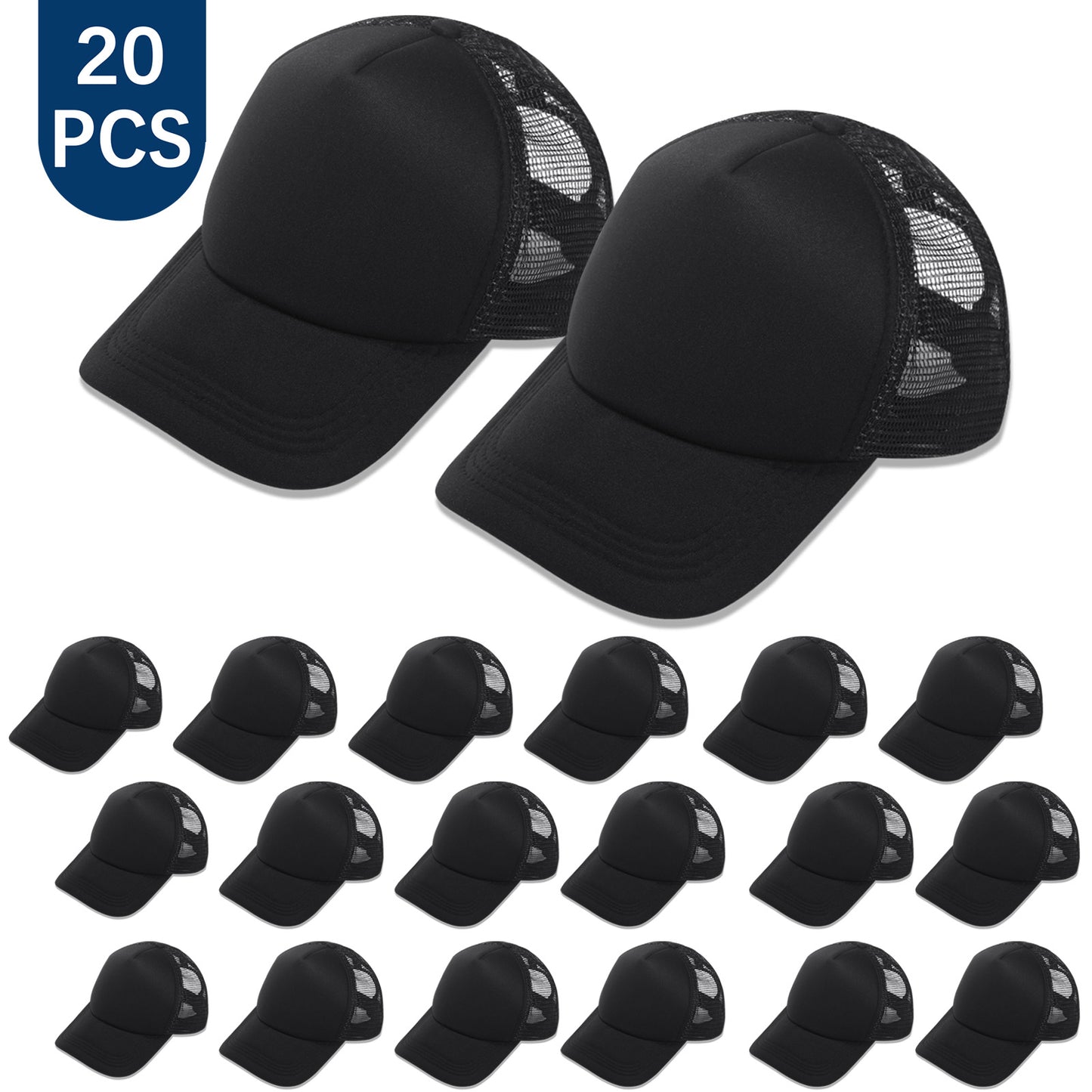 20 PCS Black Baseball Cap, Adjustable Black Trucker Hats