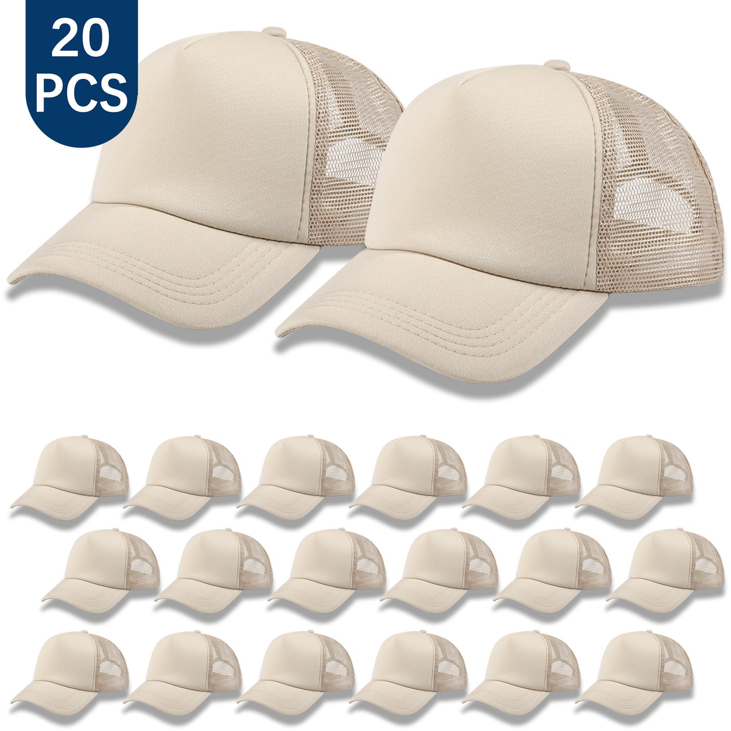 20 PCS Khaki Baseball Cap, Adjustable Khaki Trucker Hats