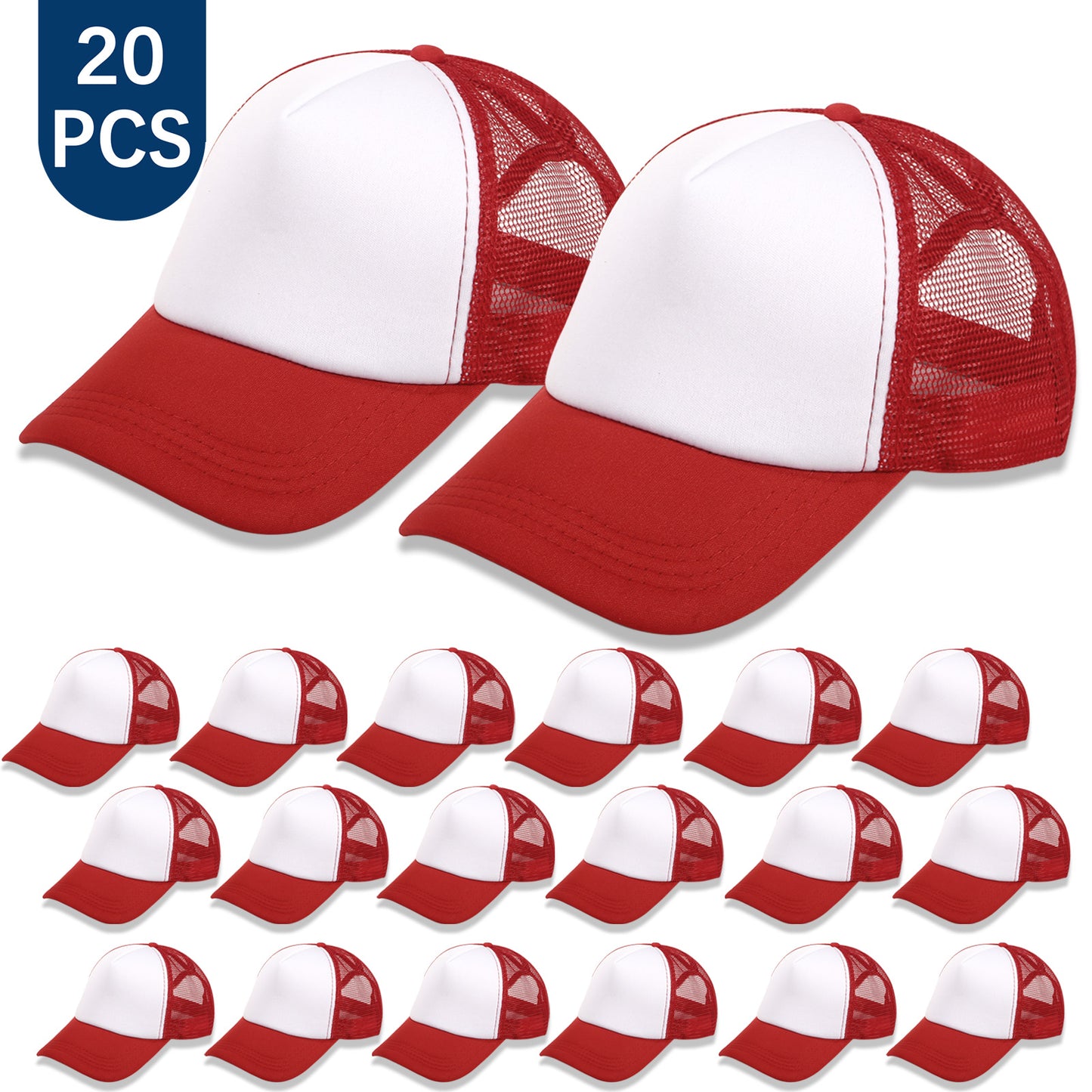 20 PCS Red and White Baseball Cap, Adjustable Trucker Hats