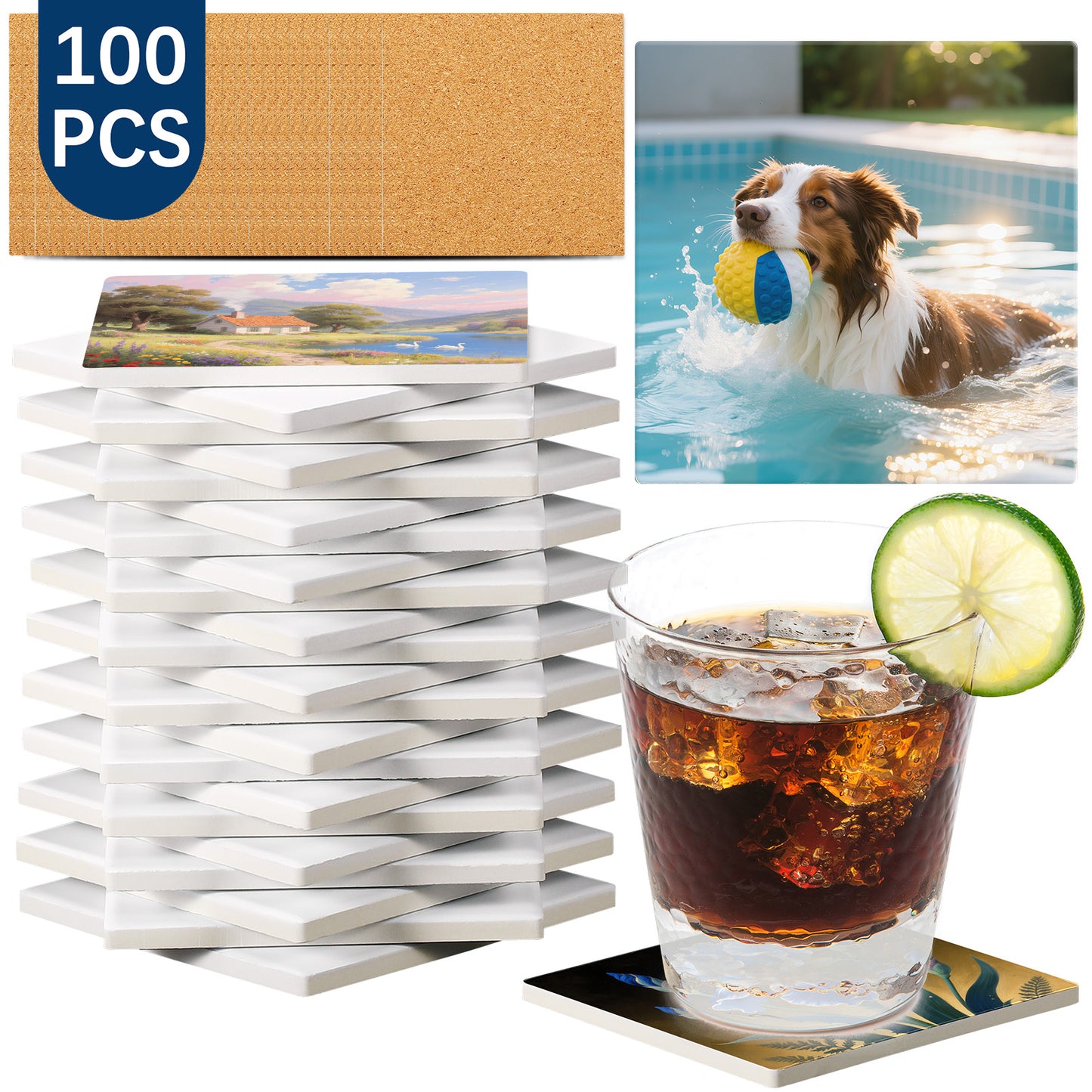 100 PCS Sublimation Square Ceramic Drink Coasters with Cork Pads