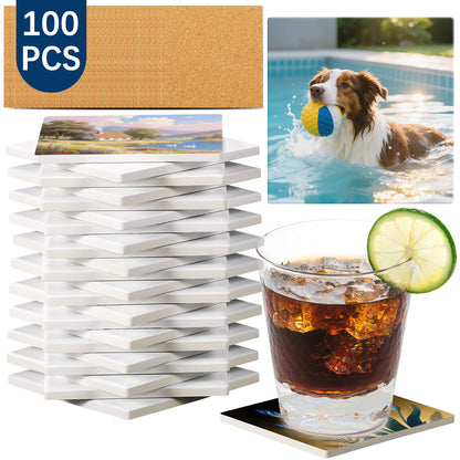 100 PCS Sublimation Square Ceramic Drink Coasters with Cork Pads
