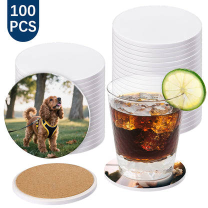 100 Pack Round Sublimation Ceramic Coasters with Cork Blanks