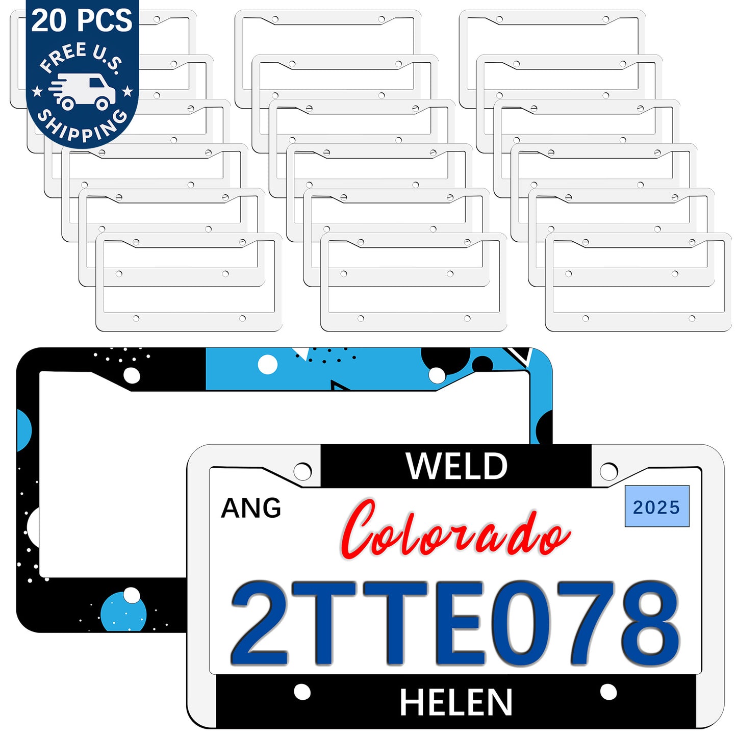 20 PCS Sublimation License Plate Frame Blanks wholesale，Metal Aluminum car Tag White