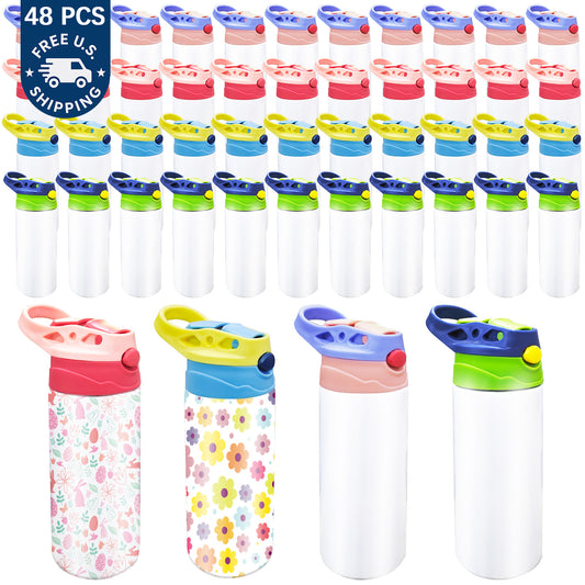 48 Pack 12oz Sublimation Blank Sippy Cups, Kids Tumblers with Straw Lid