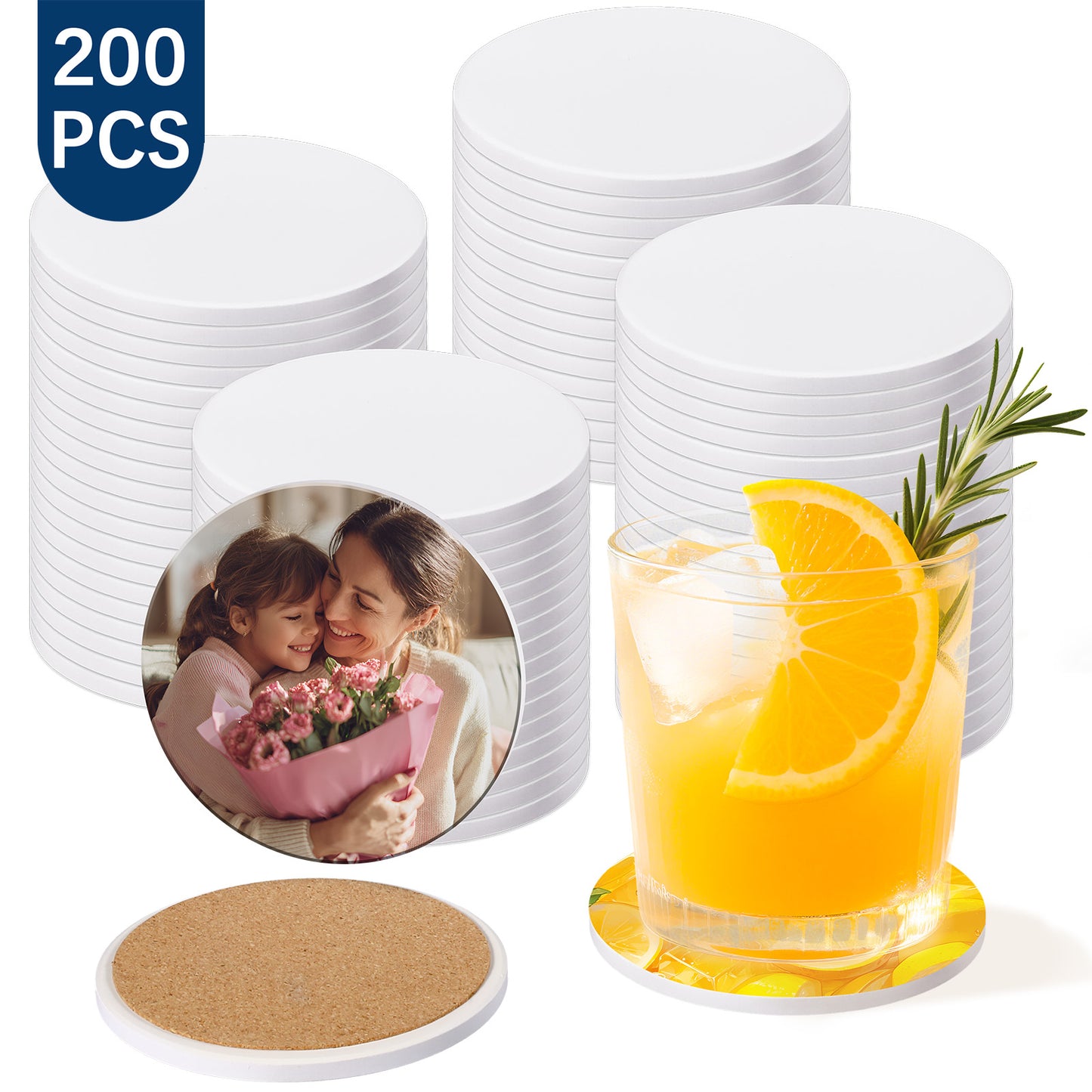 100 Pack Round Sublimation Ceramic Coasters with Cork Blanks