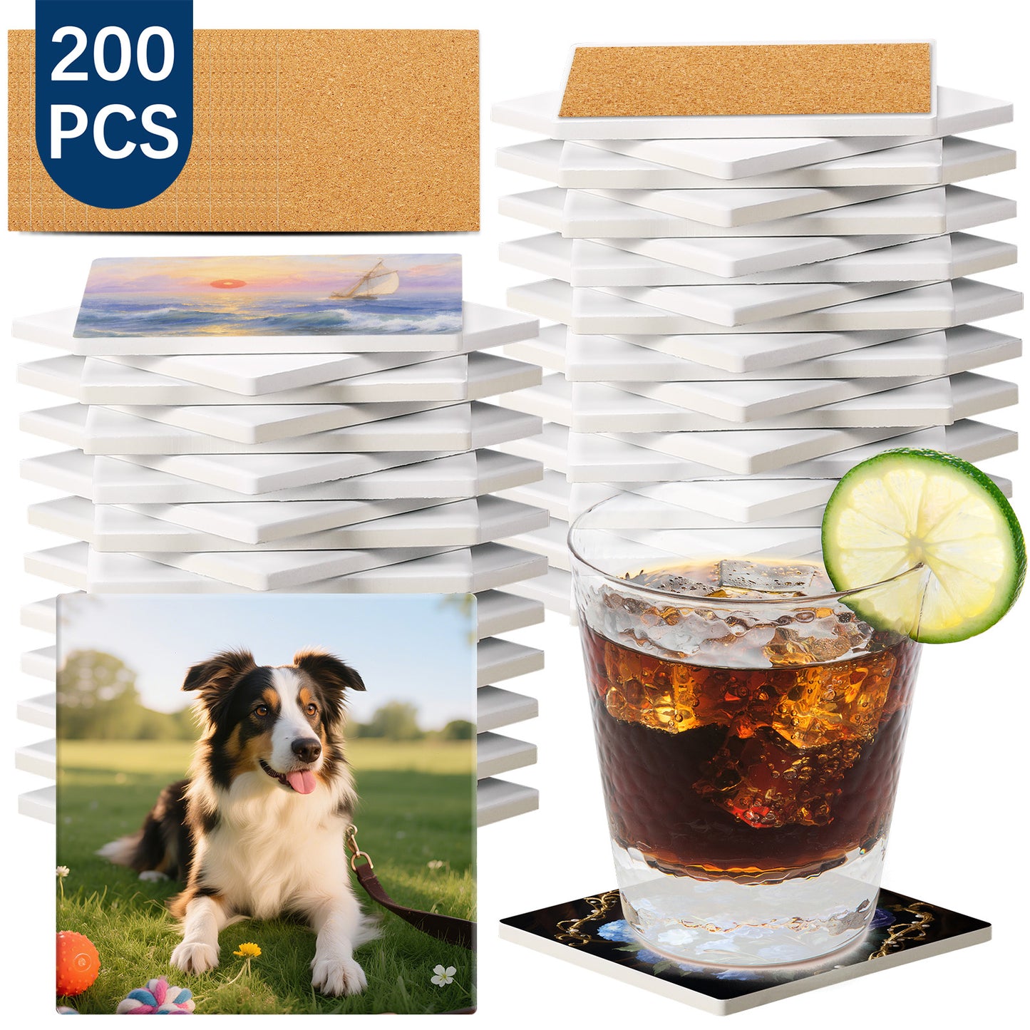 100 PCS Sublimation Square Ceramic Drink Coasters with Cork Pads