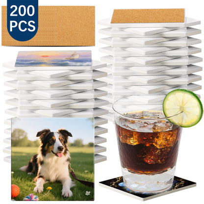 100 PCS Sublimation Square Ceramic Drink Coasters with Cork Pads