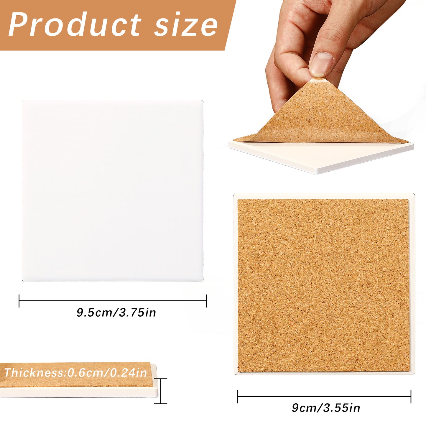 100 PCS Sublimation Square Ceramic Drink Coasters with Cork Pads