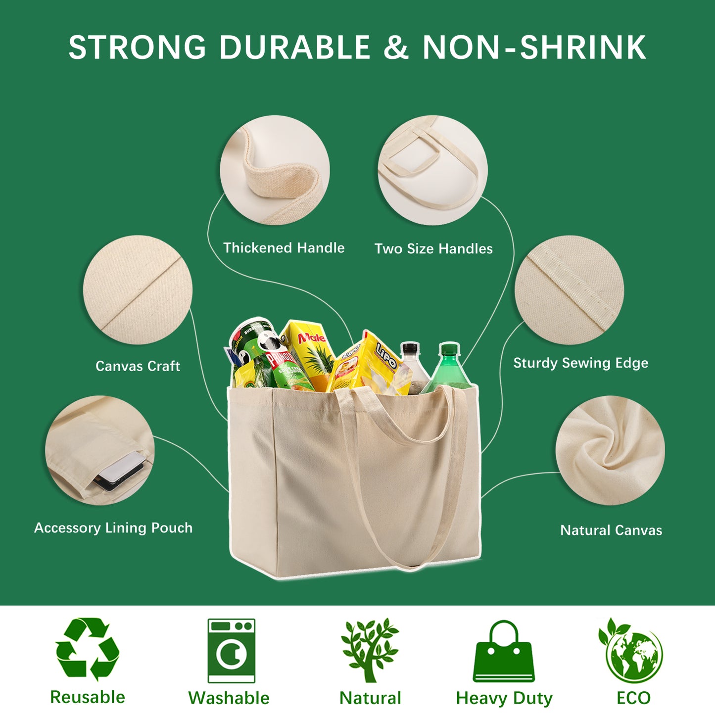 Reusable Grocery Bags with Long Shoulder Straps and Short Handles Wholesale