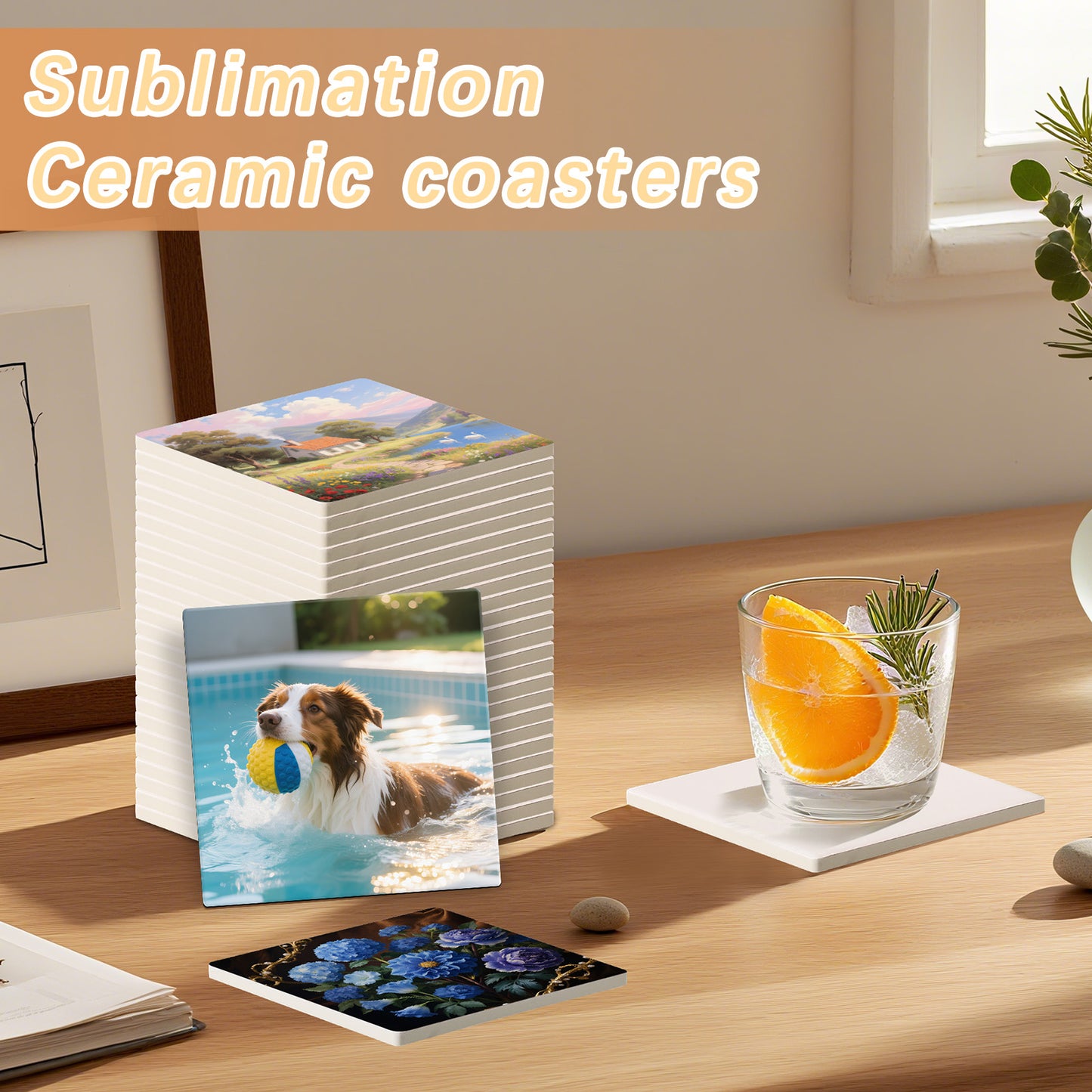 100 PCS Sublimation Square Ceramic Drink Coasters with Cork Pads