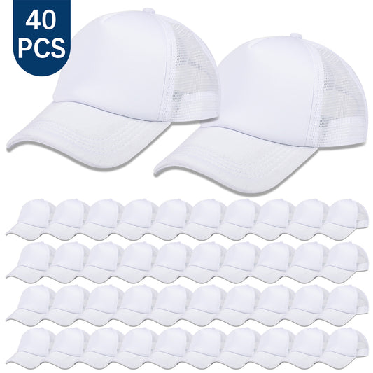 40 PCS White Baseball Cap, Adjustable White Trucker Hats