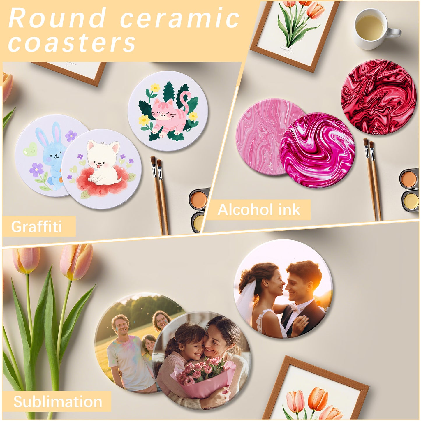 100 Pack Round Sublimation Ceramic Coasters with Cork Blanks