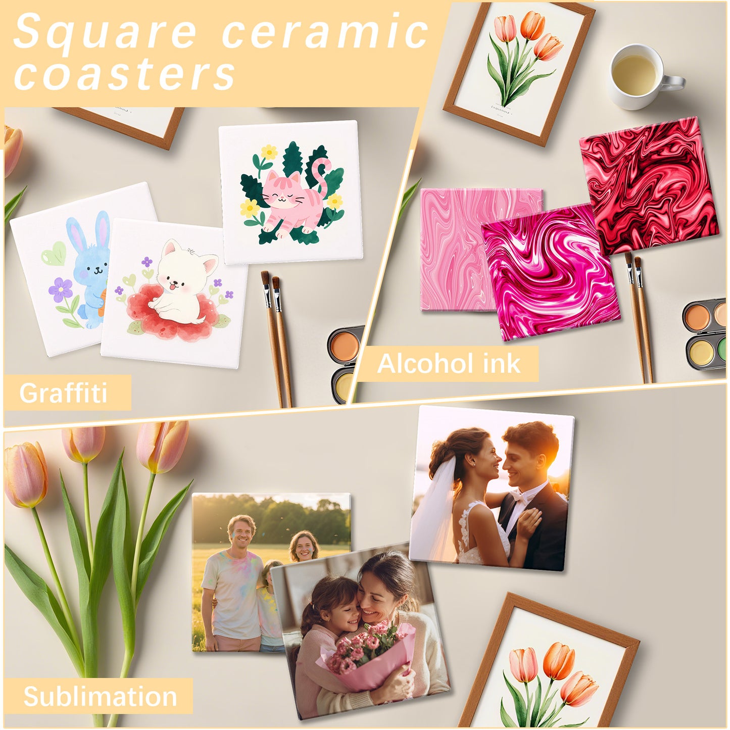 100 PCS Sublimation Square Ceramic Drink Coasters with Cork Pads